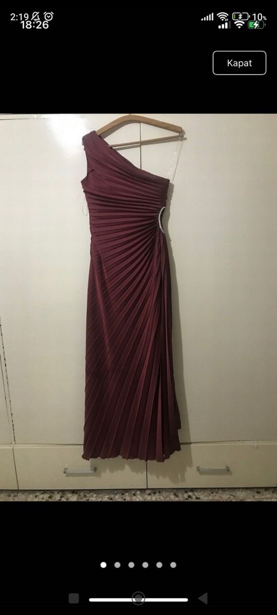 Bordo Pileli Uzun Abiye Elbise - Görsel 3