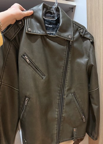 Gri Deri Biker Ceket, Rahat Kesim - Görsel 3