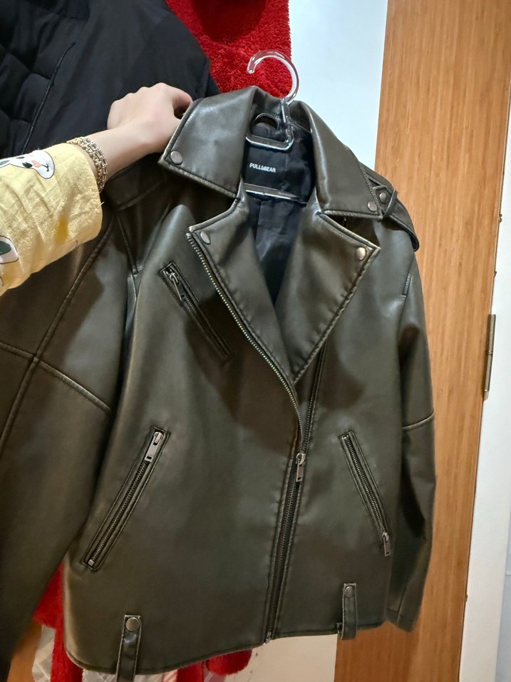 Gri Deri Biker Ceket, Rahat Kesim - Görsel 2