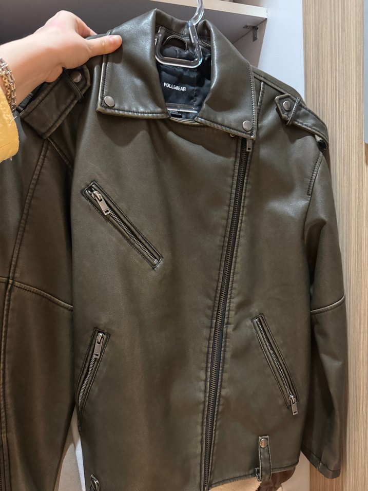 Gri Deri Biker Ceket, Rahat Kesim - Görsel 3