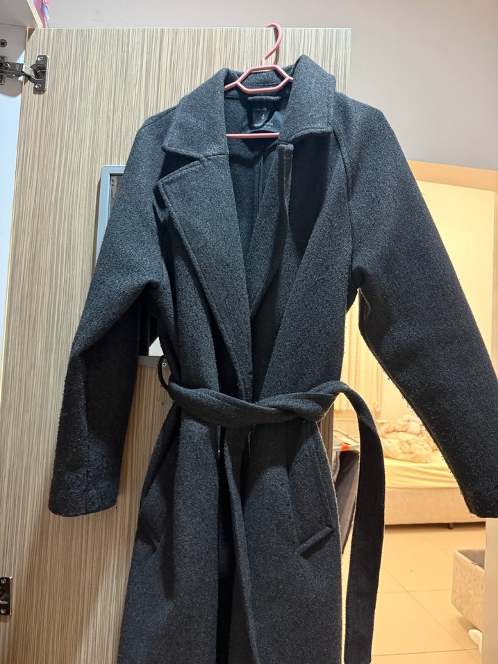 Kemerli Antrasit Gri Uzun Kaban - Görsel 3