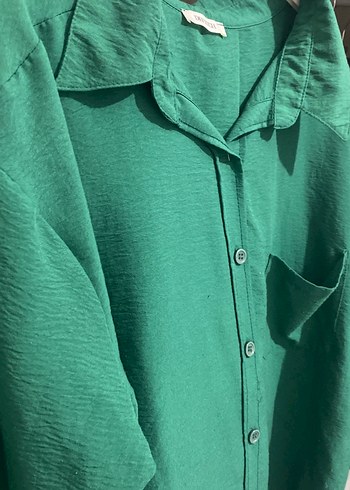 Düğmeli Yeşil Keten Kadın Gömlek - Görsel 4