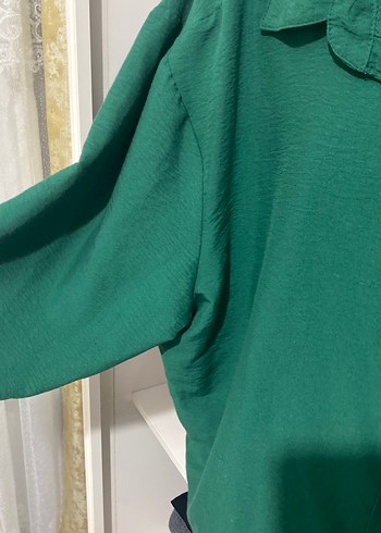 Düğmeli Yeşil Keten Kadın Gömlek - Görsel 3