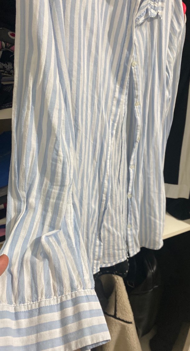 Mavi Çizgili Uzun Kollu Kadın Gömlek - Görsel 4