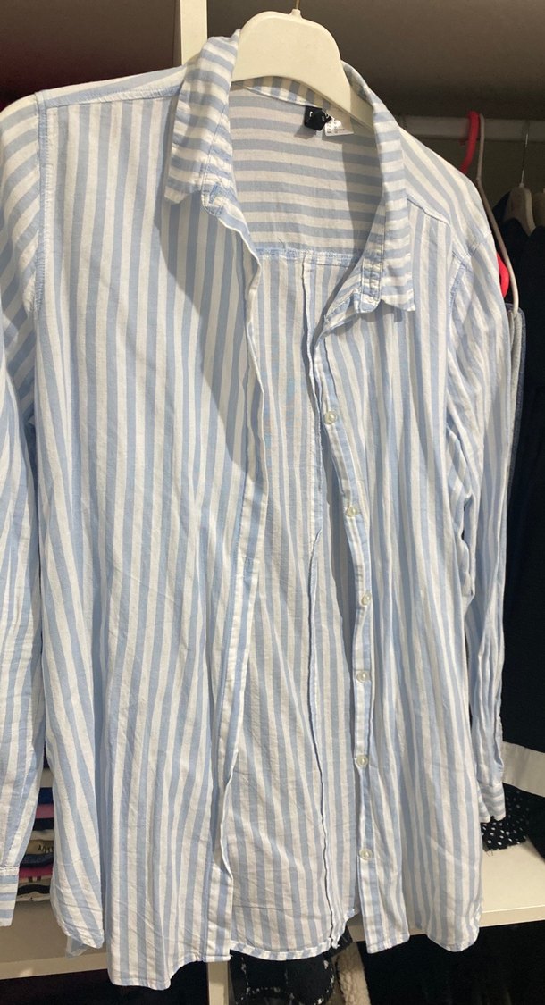 Mavi Çizgili Uzun Kollu Kadın Gömlek - Görsel 2