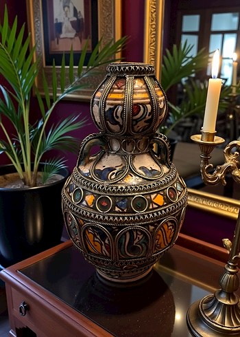 VİNTAGE SERAMİK GÜMÜŞ TELKÂRİ GİYDİRME EL İŞÇİLİKLİ KÜP/VAZO - Görsel 2