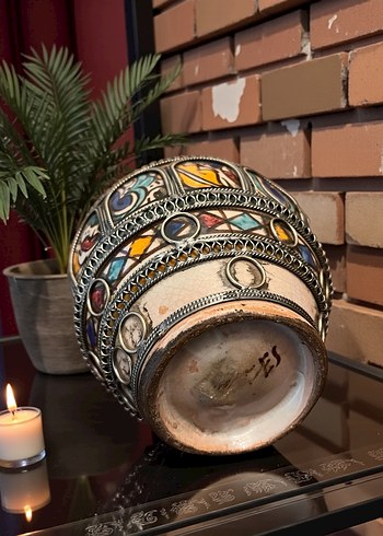 VİNTAGE SERAMİK GÜMÜŞ TELKÂRİ GİYDİRME EL İŞÇİLİKLİ KÜP/VAZO - Görsel 6