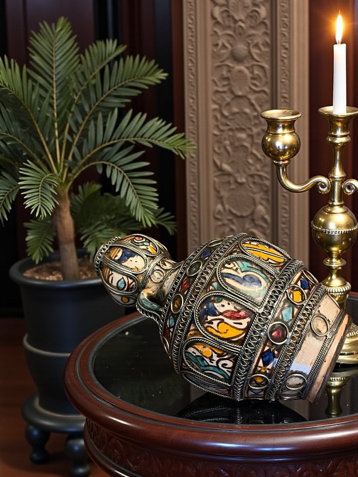 VİNTAGE SERAMİK GÜMÜŞ TELKÂRİ GİYDİRME EL İŞÇİLİKLİ KÜP/VAZO - Görsel 3