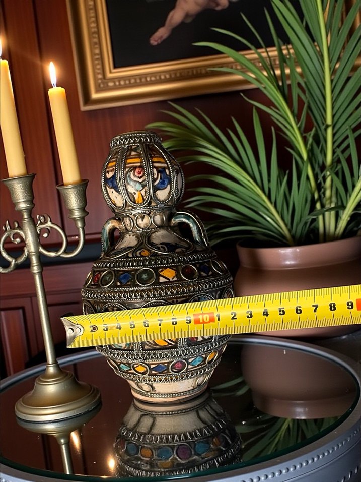 VİNTAGE SERAMİK GÜMÜŞ TELKÂRİ GİYDİRME EL İŞÇİLİKLİ KÜP/VAZO - Görsel 5