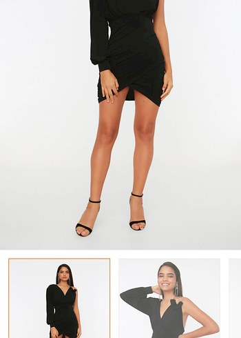 Tek Kollu Drapeli Siyah Mini Elbise - Görsel 3