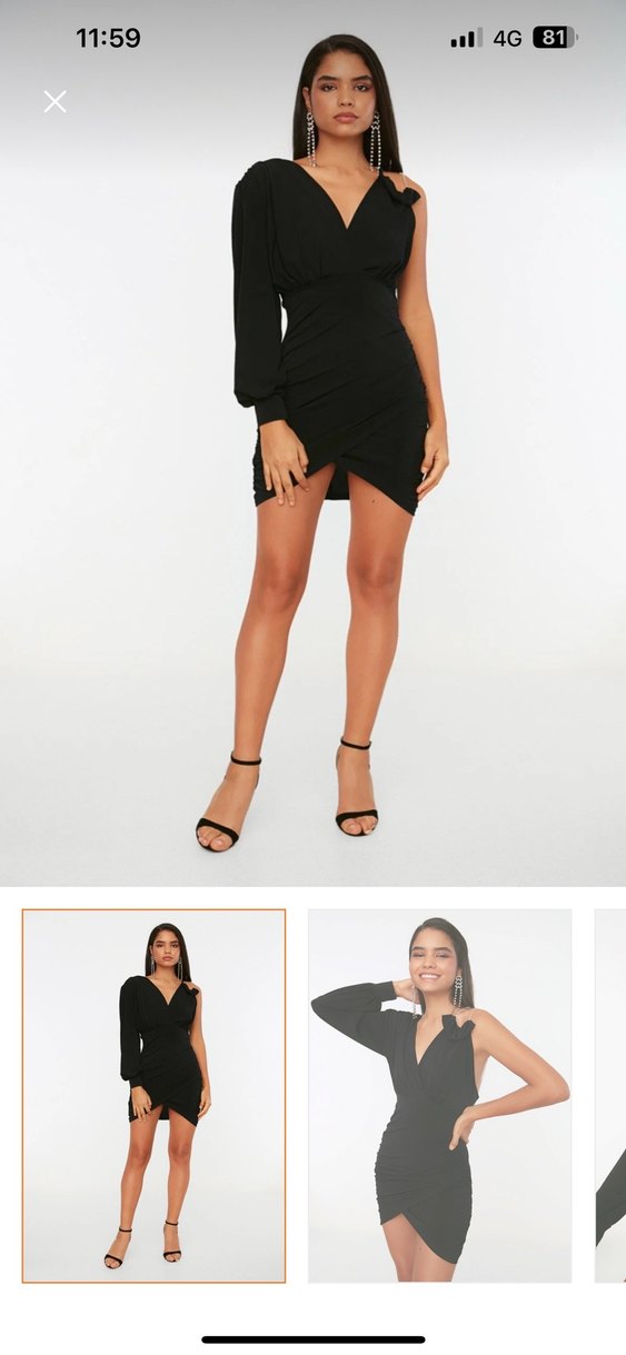 Tek Kollu Drapeli Siyah Mini Elbise - Görsel 3