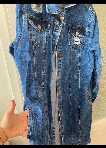 Düğmeli Mavi Midi Boy Kot Ceket - Görsel 2