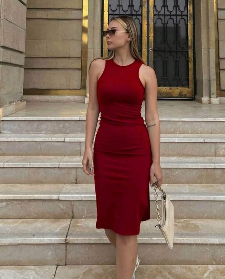 Bordo Yüksek Yakalı Midi Triko Elbise - Görsel 3