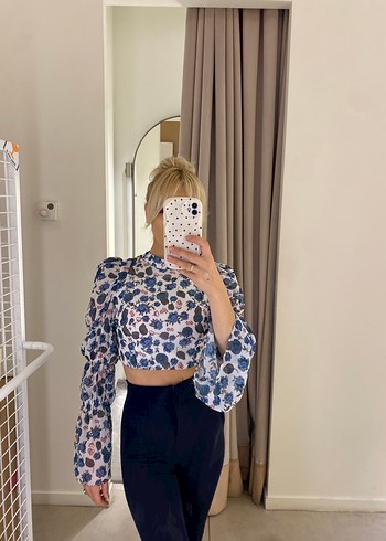 Şeffaf İndigo Desenli Mini Bluz