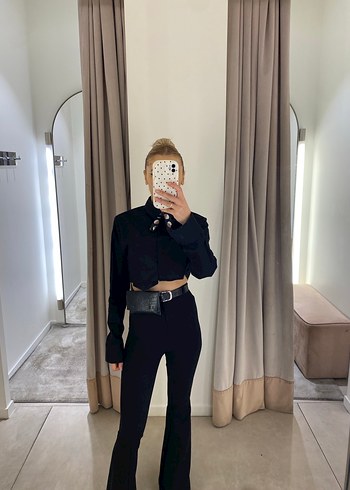 Siyah Kadın Crop Gömlek