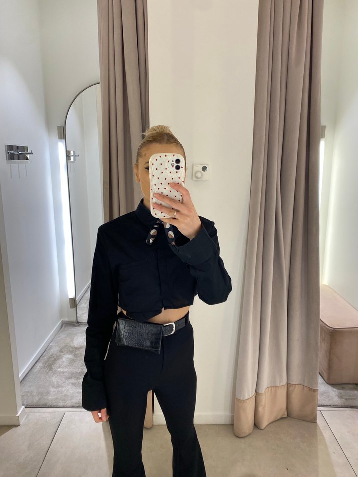 Siyah Kadın Crop Gömlek - Görsel 2