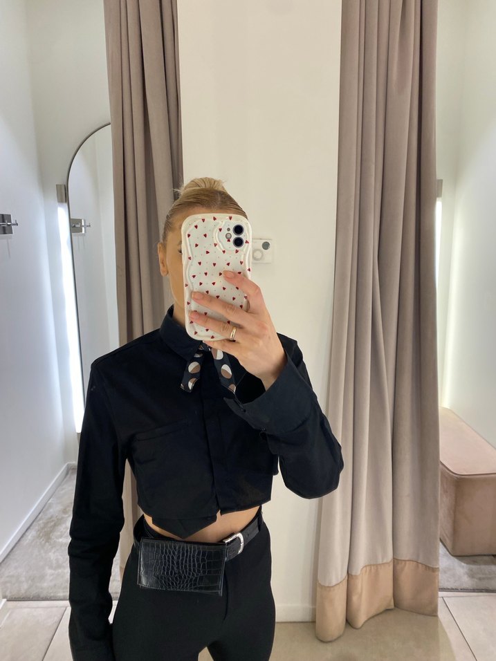 Siyah Kadın Crop Gömlek - Görsel 3