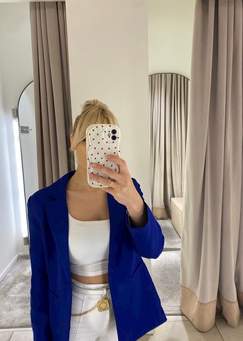Diğer Saks Mavisi Midi Kesim Kadın Blazer Ceket