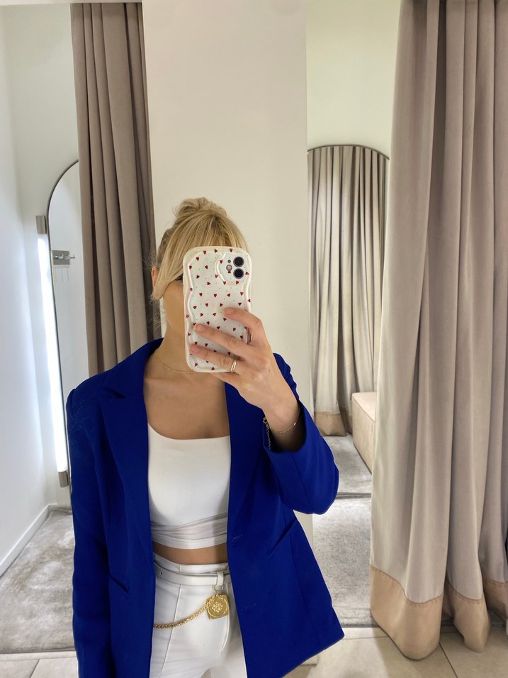 Saks Mavisi Midi Kesim Kadın Blazer Ceket - Görsel 2