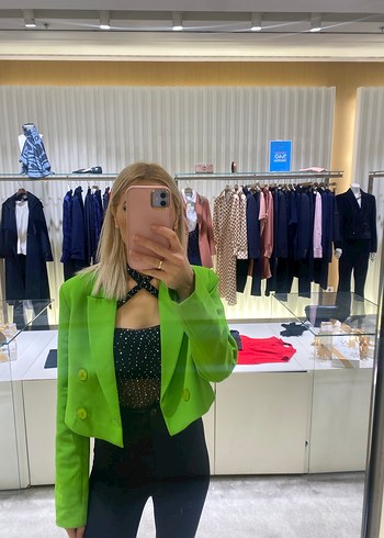 Düğmeli Parlak Yeşil Kadın Blazer Ceket - Görsel 2