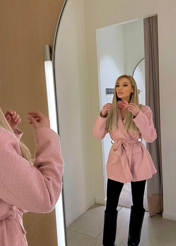 Pembe Midi Kadın Blazer Kuşaklı - Görsel 2