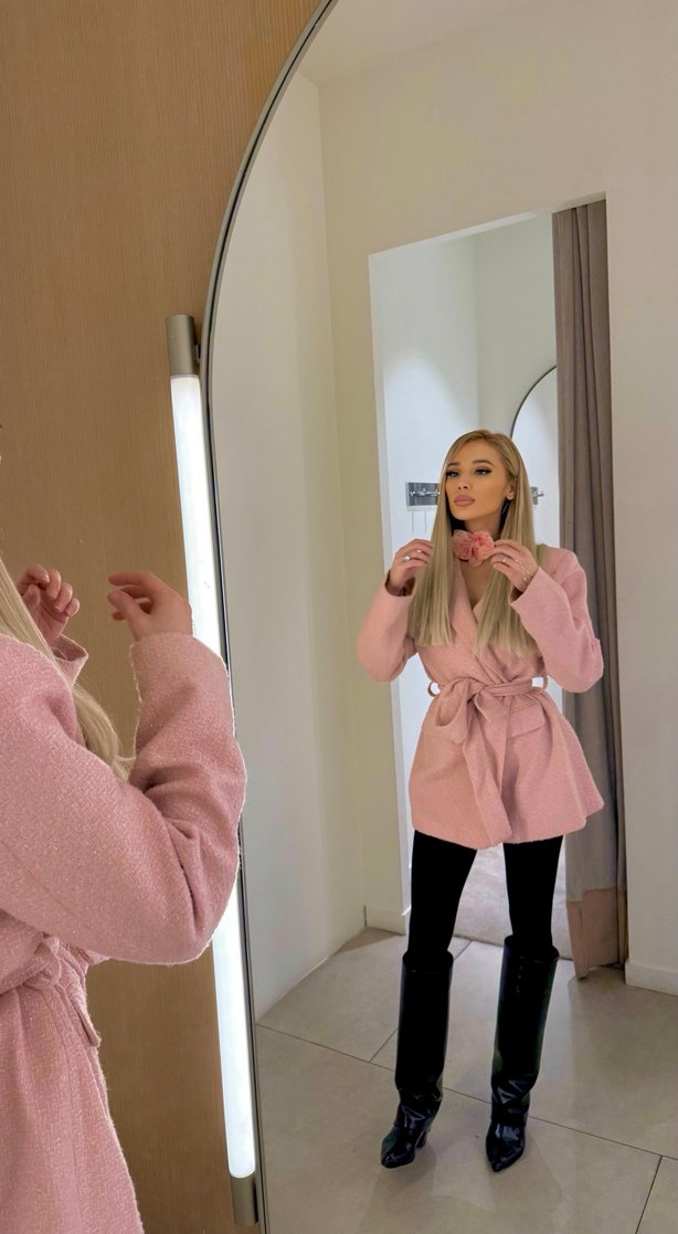 Pembe Midi Kadın Blazer Kuşaklı - Görsel 2