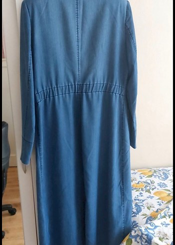 Kadın Mavi Uzun Kot Ceket Kemerli - Görsel 2