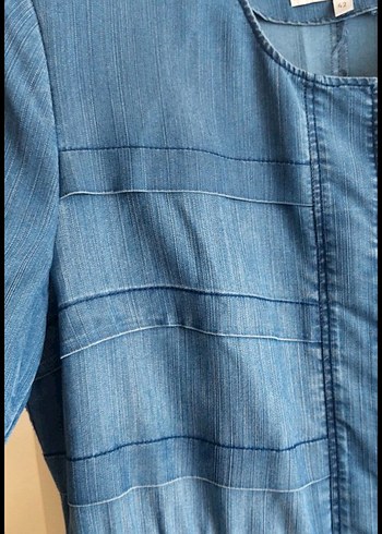 Kadın Mavi Uzun Kot Ceket Kemerli - Görsel 5