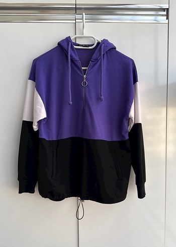 Kadın Mor Kapüşonlu Fermuarlı Sweatshirt - Görsel 5
