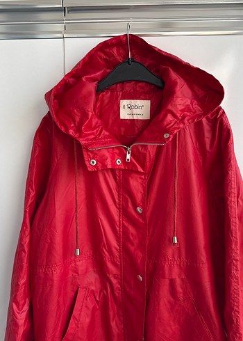 Parlak Kırmızı Düğmeli ,fermuarlı Kadın yağmurluk - Görsel 5