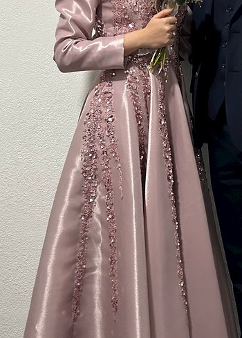 Pembe İşlemeli Uzun Abiye Elbise Nişanlık - Görsel 5