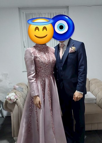 Pembe İşlemeli Uzun Abiye Elbise Nişanlık - Görsel 3