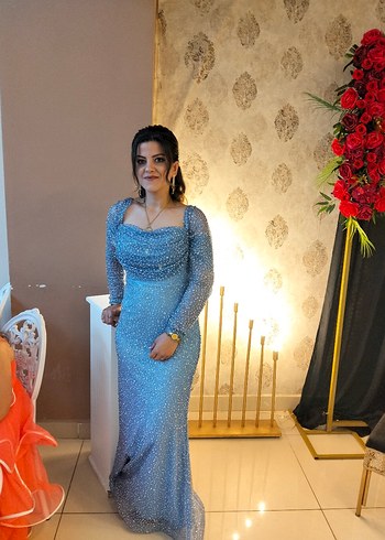 Uzun Kollu Straplez Mavi İşlemeli Abiye - Görsel 6