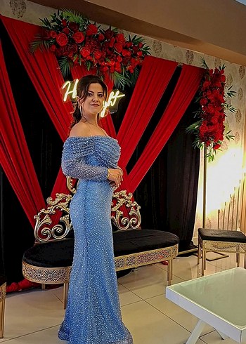 Uzun Kollu Straplez Mavi İşlemeli Abiye - Görsel 2