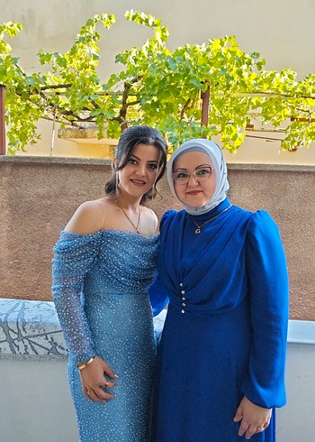 Uzun Kollu Straplez Mavi İşlemeli Abiye - Görsel 7