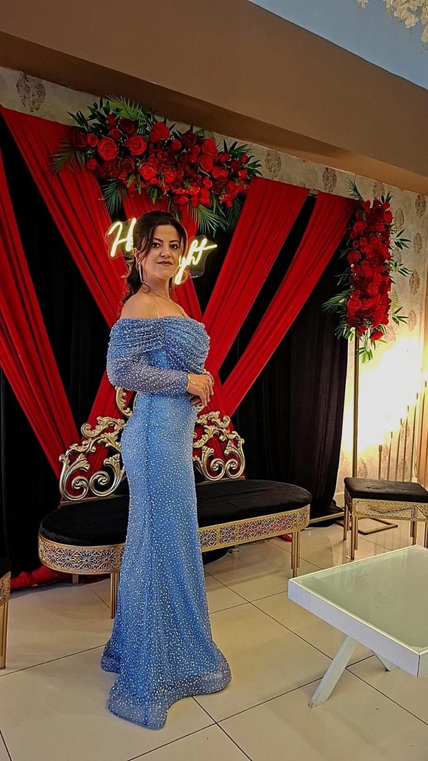 Uzun Kollu Straplez Mavi İşlemeli Abiye - Görsel 2