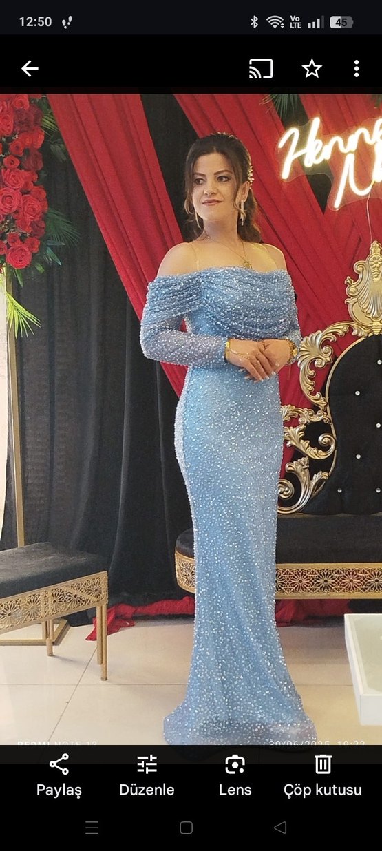 Uzun Kollu Straplez Mavi İşlemeli Abiye - Görsel 4