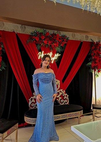 Uzun Drapeli Mavi Kadın Abiye Elbise - Görsel 5