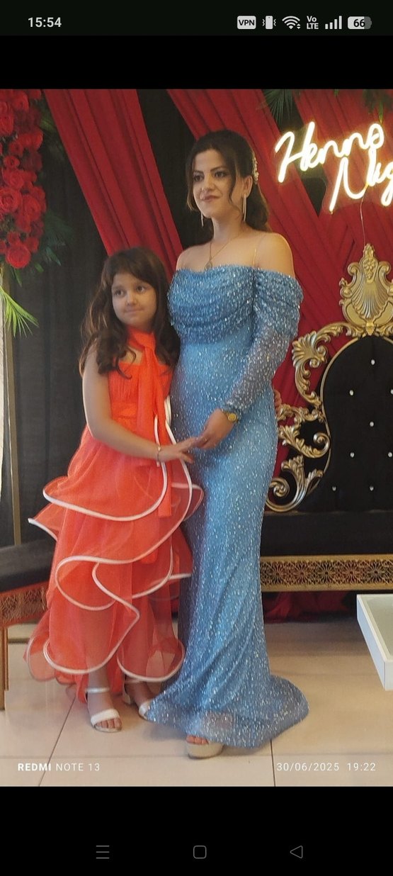 Uzun Drapeli Mavi Kadın Abiye Elbise - Görsel 4