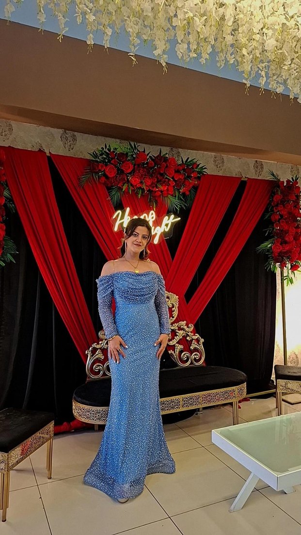 Uzun Drapeli Mavi Kadın Abiye Elbise - Görsel 5