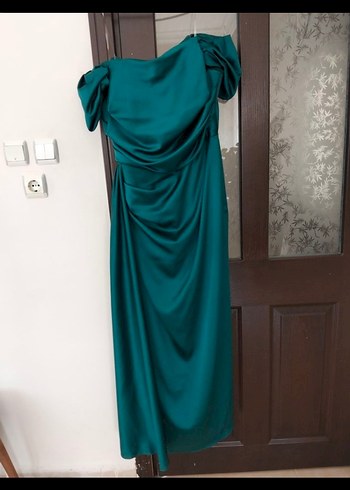 Drapeli Uzun Yeşil Kadın Abiye Elbise - Görsel 6