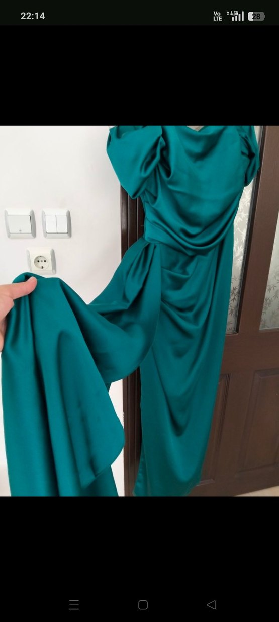 Drapeli Uzun Yeşil Kadın Abiye Elbise - Görsel 5