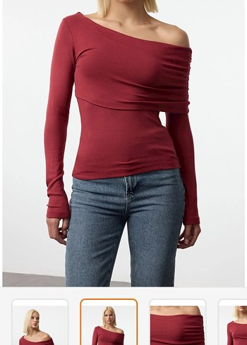 Bordo Drapeli Kayık Yaka Kadın Bluz - Görsel 2