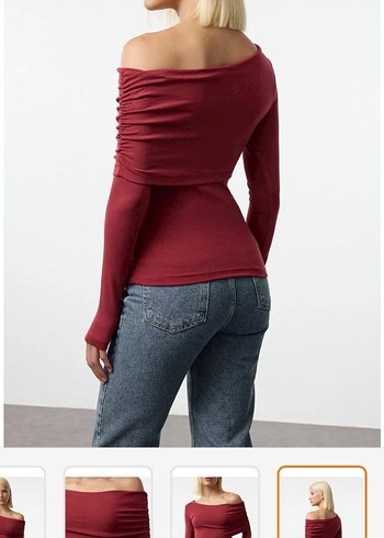 Bordo Drapeli Kayık Yaka Kadın Bluz - Görsel 3