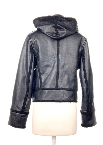 Adil Işık Siyah Deri Görünümlü Kapüşonlu Biker Ceket - Görsel 3