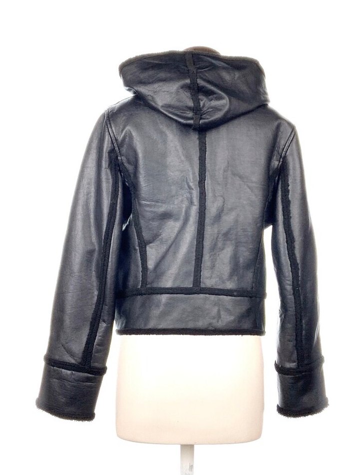 Adil Işık Siyah Deri Görünümlü Kapüşonlu Biker Ceket - Görsel 3