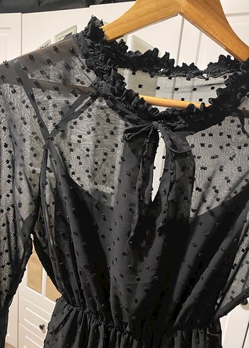 Puantiyeli Siyah Midi Elbise - Görsel 6