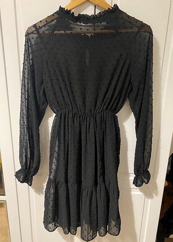 Puantiyeli Siyah Midi Elbise - Görsel 4