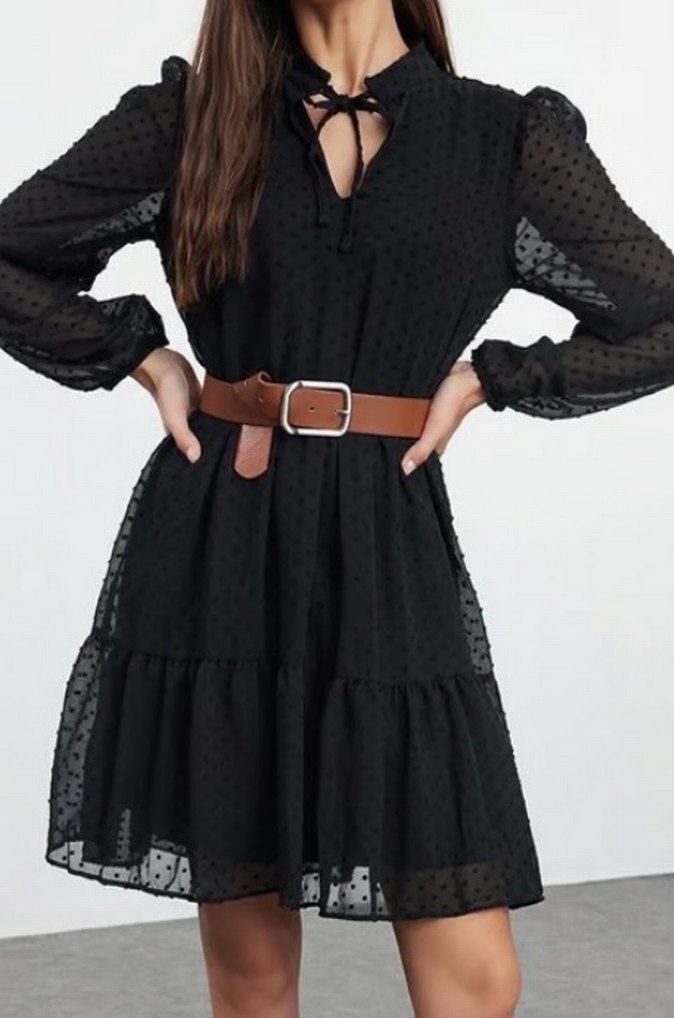 Puantiyeli Siyah Midi Elbise - Görsel 2