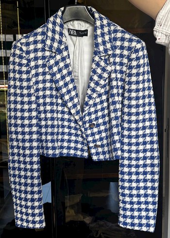 Zara Mavi Beyaz Houndstooth Blazer